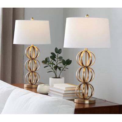 29" Contemporary Metal Table Lamp, Gold Metal with White Linen Shade, Set of 2