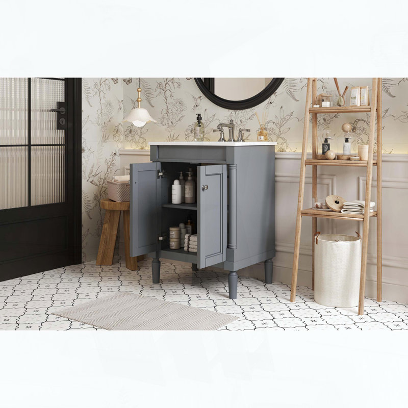 Meuble-lavabo avec lavabo en céramique, deux portes à fermeture amortie et grandes étagères de rangement, gris, Grey, 24"W