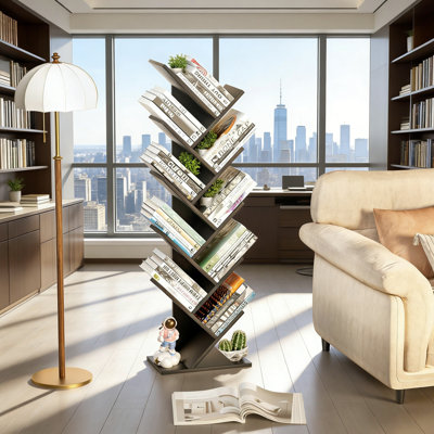 10-Tier Tree-Shaped Bookcase, Freestanding Wooden Bookshelf For Compact Spaces, Storage Organizer Shelving For Books/Cds/Magazines, Floor-Standing Book Rack