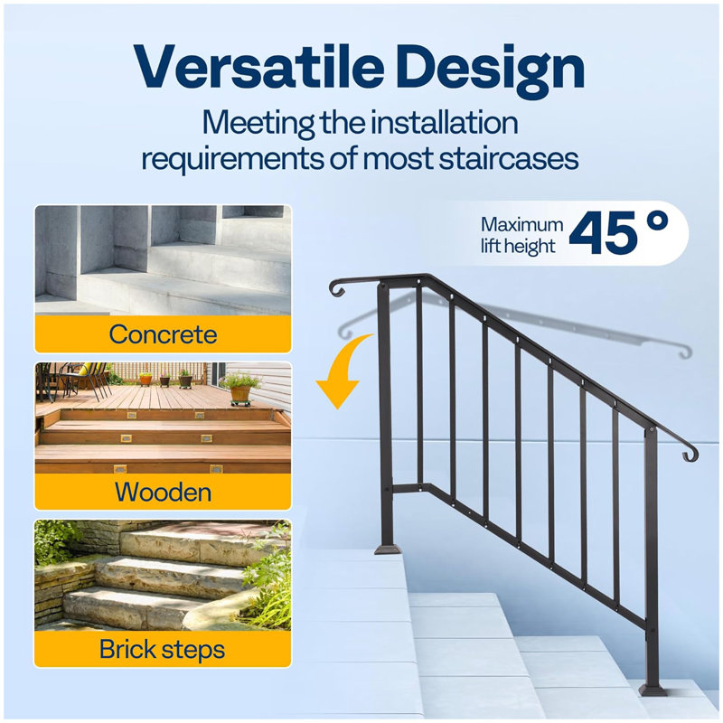 Rails en acier galvanisé à 4 marches pour les marches extérieures - Extrémités courbées et balustres de sécurité Rampe extérieure pour porche, terrasse ou escalier intérieur, ensemble d'installation complet