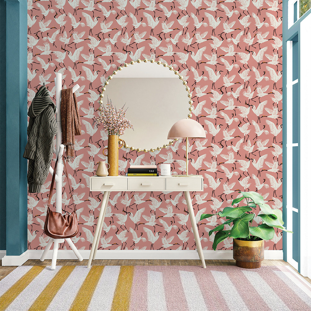 Family of Cranes Peel and Stick Wallpaper By Novogratz, Pink