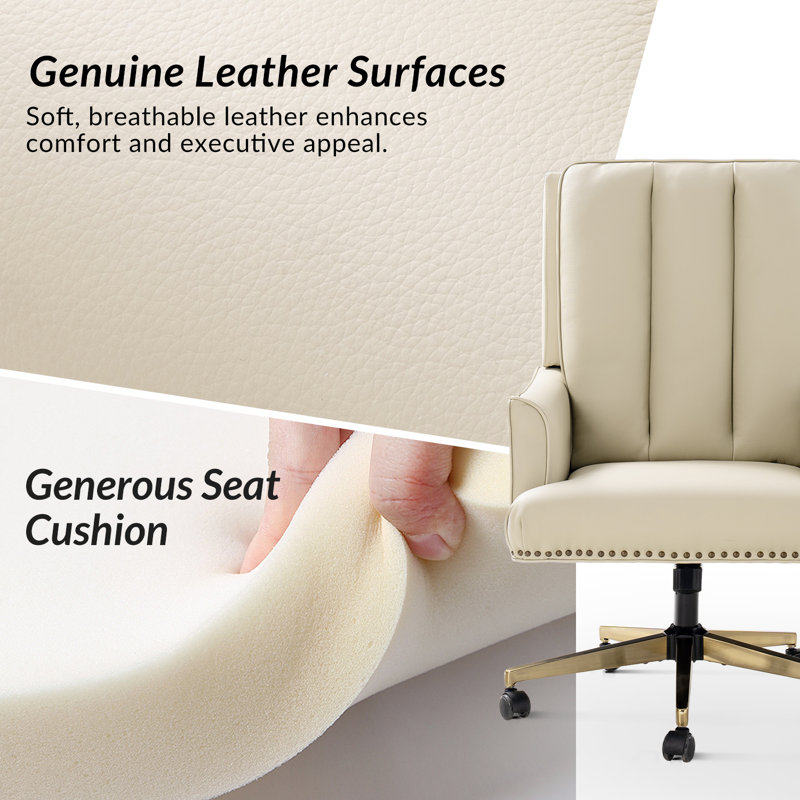Mariana Transitional Genuine Leather Ergonomic High Back Executive Chair with Tilting and Nailhead Trim, Beige