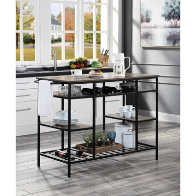 Îlot de cuisine moderne avec plateau en métal thermolaqué et plateau en bois de chêne rustique et noir