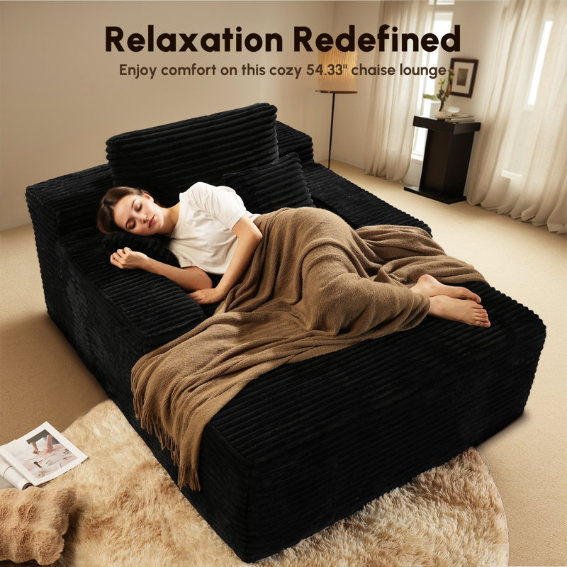 Cloudelle Oversized Plush Corduroy Compression Packed Chaise Lounge Chair , Black Faux Fur