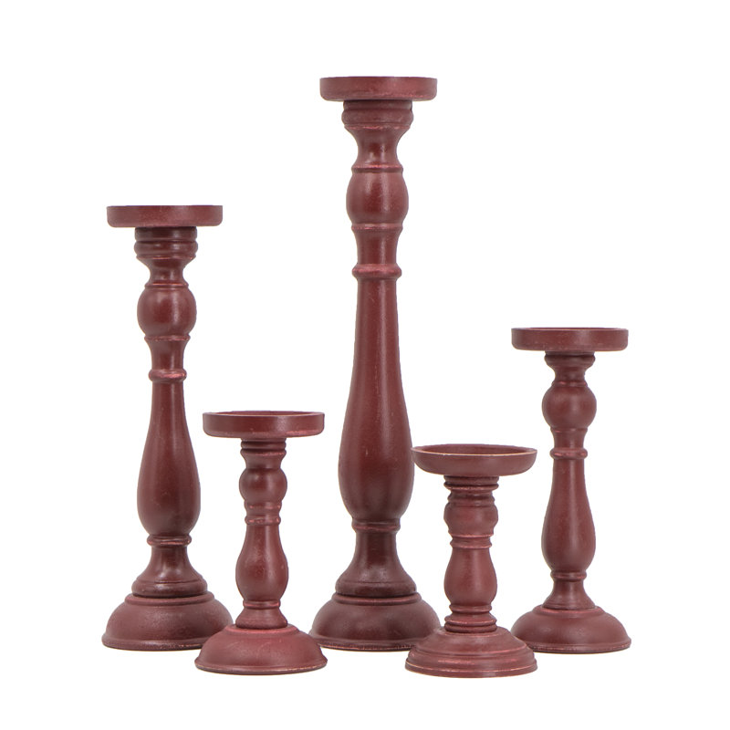 S/5 Red Turned Wood Candle Holders, Assorted Heights, Red