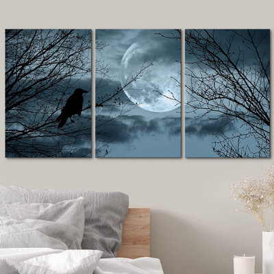 Moon " Halloween Background With Spooky Forest And Full Moon " 3 - Pieces