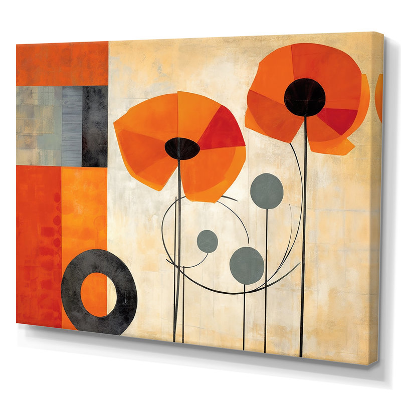 Fleurs cubiques orange vif - art mural abstrait géométrique pour le salon, Toile tendue, H 34 po x l 44 po x P 1,5 po