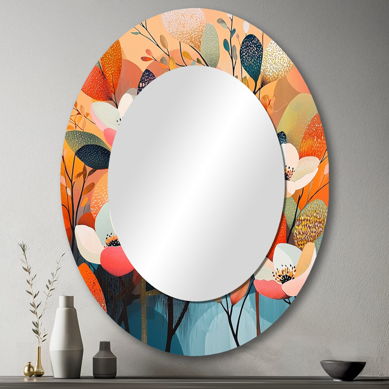 Abstrait coloré harmonie botanique cornouiller II - Floral miroir décoratif ovale sur métal, 43 po x 33 po