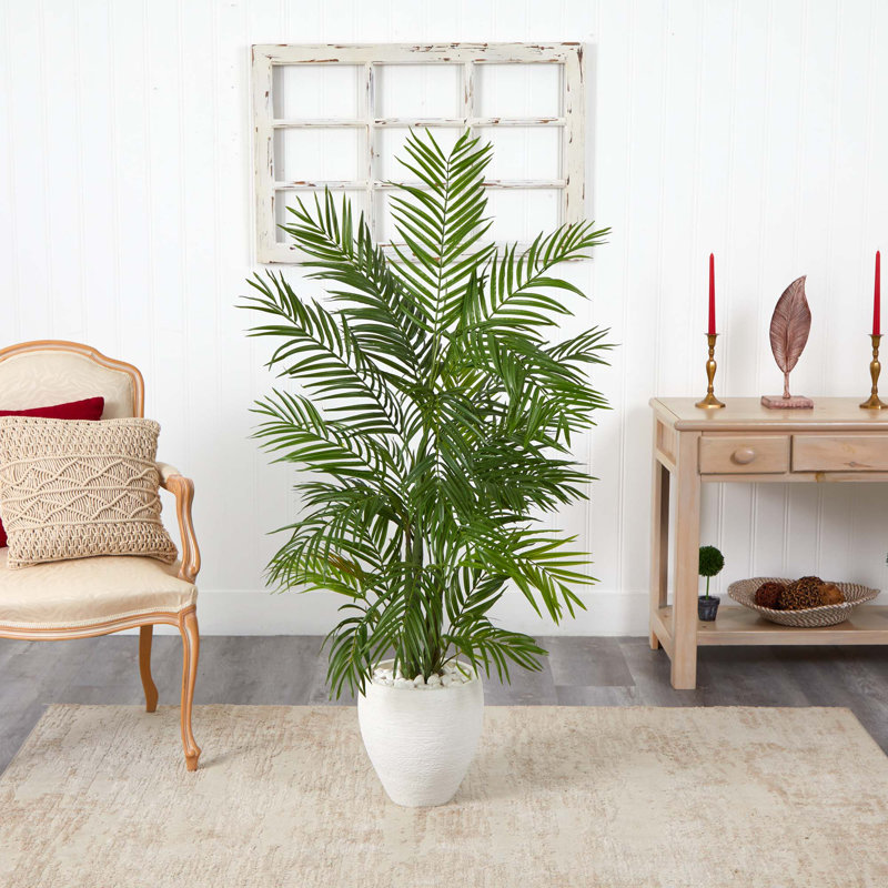 Faux Palm Tree in Ceramic Planter, 60" H x 31" W x 25" D, White