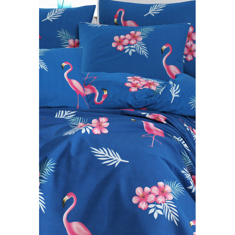 Ensemble de housse de couette 100% coton bleu / rose Piffard, Housse de couette 79 po x 93 po + 2 taies d'oreill