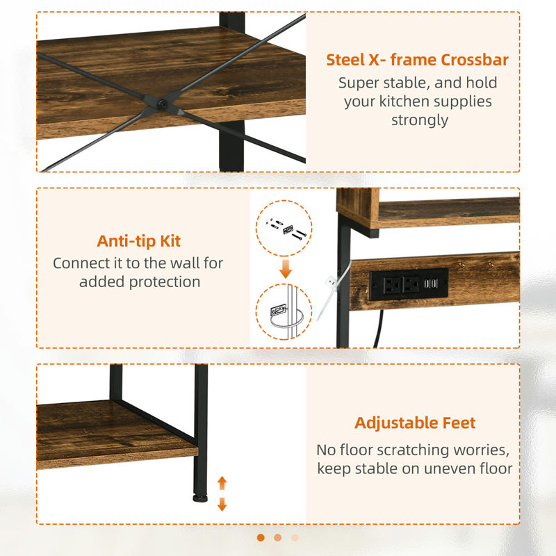 Rustic Brown Adjustable Kitchen Baker's Rack with Power Outlet