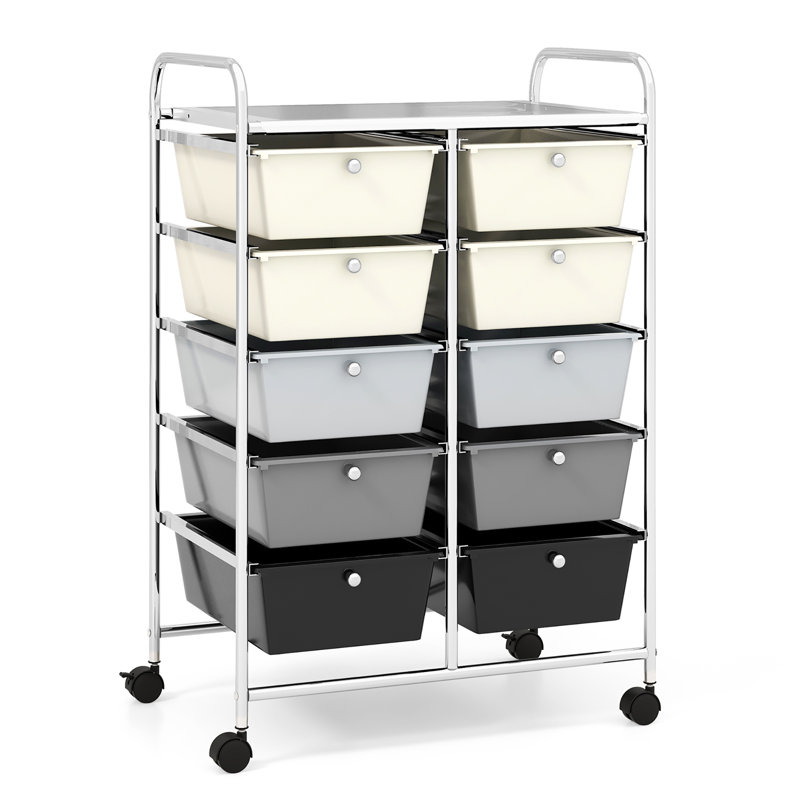 Milin 10 Drawer Storage Drawer with Locking Wheels, Gray/Black/White