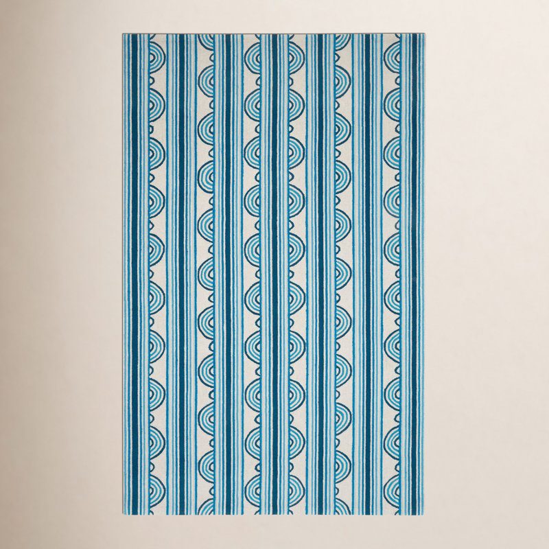 Button Blue Hand Micro Hooked Wool Rug, Rectangle 3' x 5'