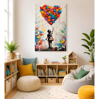 Modern Abstract Canvas Wall Art, Child With Colorful Heart Balloons Artwork, Gallery Wrapped Canvas Decor, 20" x 30" Ready to Hang