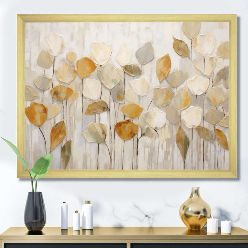 «Beige Botanical Impressions II - Abstract Botanicals», art mural, Impression encadrée, H 34 po x l 44 po, Doré