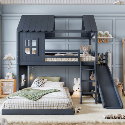 House-Style Wooden Bunk Bed with Slide, Storage Shelves & Wardrobe