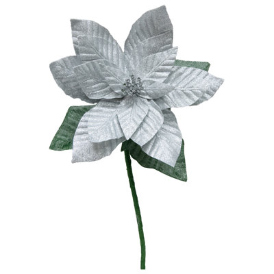 Poinsettia pailleté de 85 cm avec tige à feuilles argentées