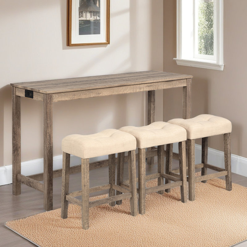 4 Piece Bar Table Set With Power Outlet,Bar Table Set With Chairs,Sofa Bar Table With Stools,Behind Couch Table With 3 Padded Stools,For Living Room,Dining Room