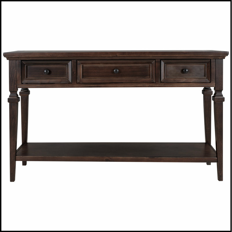 Console de style rétro classique avec trois tiroirs supérieurs et une tablette inférieure ouverte, facile à assembler (espresso)