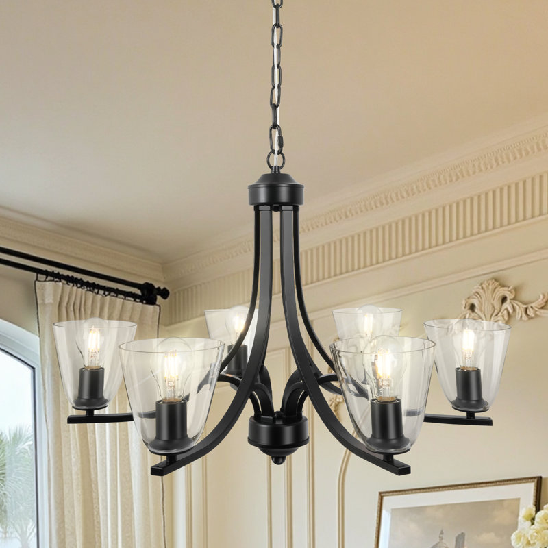 Lustre vintage noir 6 lumières avec abat-jour en verre transparent - Luminaire suspendu réglable pour la salle à manger, la cuisine et le salon