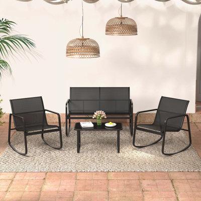Ebern Designs 8 Pcs Patio Rocking Rocking Chairs & Loveseat With Glass-top Table Outdoor