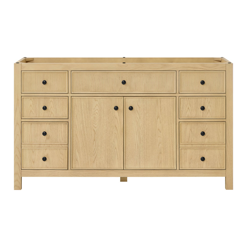Meuble-lavabo simple 60 po Rian en chêne scandinave, sans comptoir, sans lavabo, garniture noir mat