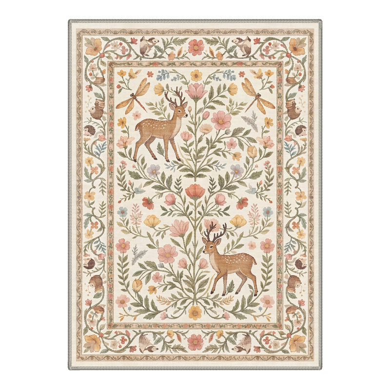 Fawnwood Floral Machine Washable Beige / Green Indoor Area Rug with Non-Slip Backing, Rectangle 8' x 10'