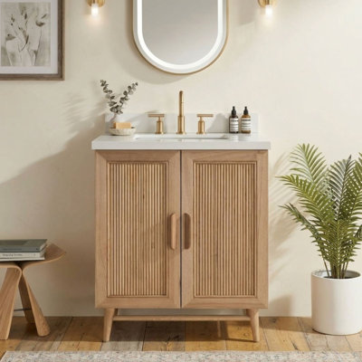 Ensemble de meuble-lavabo simple 30 po avec comptoir en pierre d'ingénierie épaisse et portes en bois massif