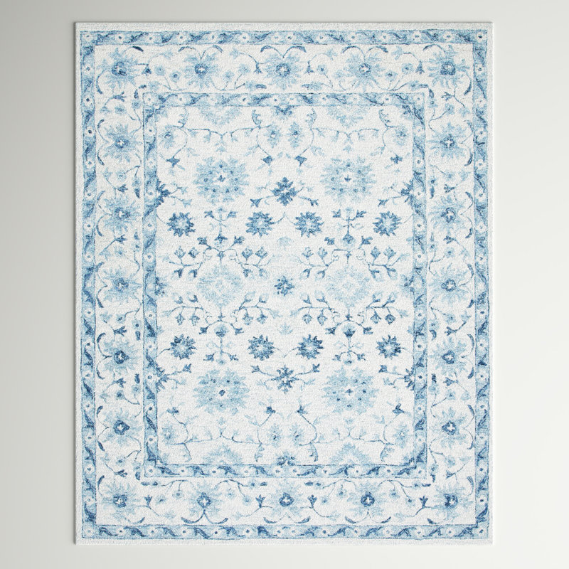 Tapis bleu / ivoire en laine touffeté à la main Lethe, Rectangle 4 pi x 6 pi
