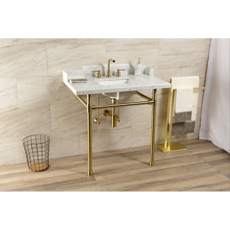 Kingston Brass Dreyden 36-Inch Carrara Marble Console Sink with Stainless Steel Legs (8-Inch, 3-Hole)