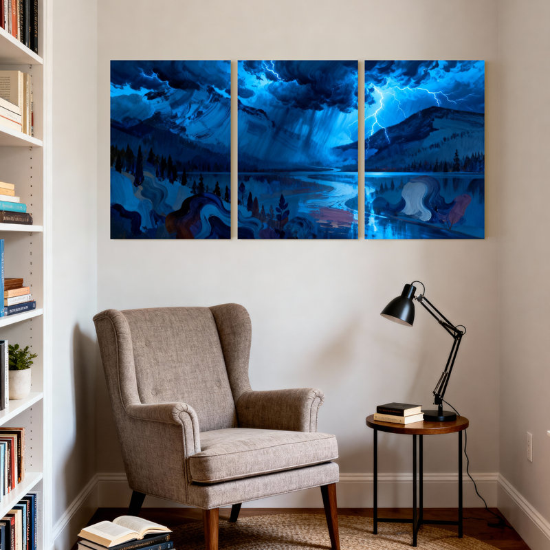 Scénario et paysages urbains, nuit orageuse avec éclair et montagnes, ensemble de 3 impressions sur toile, H 30 po x l 60 po