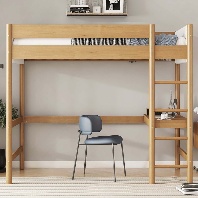 Lit mezzanine avec bureau, cadre de lit mezzanine rembourré avec échelle, garde-corps de sécurité, bois d'hévéa, tête de lit / pied de lit en molleton