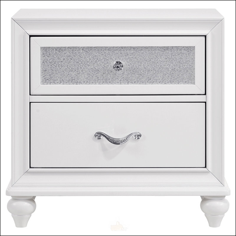 Table de chevet 2 tiroirs Barzini en blanc avec rangement spacieux et quincaillerie en cristal à facettes pour l'élégance et la fonctionnalité