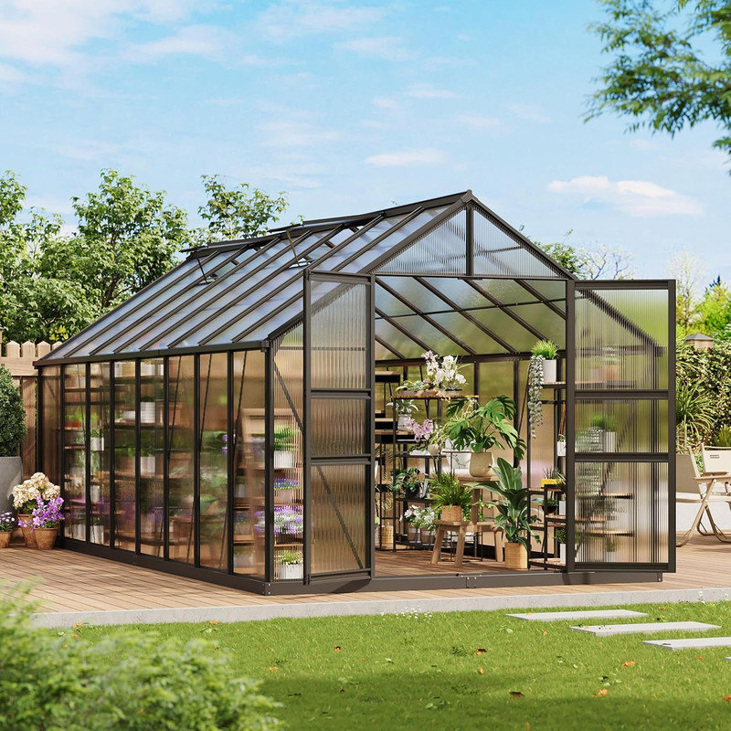 8x16 ft Aluminum Polycarbonate Greenhouse, Walk-in with Roof Vent & Lockable Door, Heavy Duty Outdoor for Patio, Backyard, Garden, Sunroom, Black