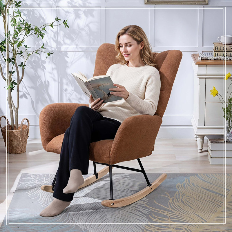 Fauteuil berçant à oreilles en tissu Teddy avec poche de rangement latérale, chaise berçante d'allaitement douce et confortable, base en bois massif robuste et sécuritaire, chaise d'appoint polyvalente pour la chambre de bébé et le salon, brun.