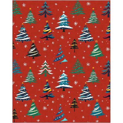 Christmas Tree Non-Slip Washable Low Pile Area Rug, Holiday Decor Living Room Rug, Red Xmas Design