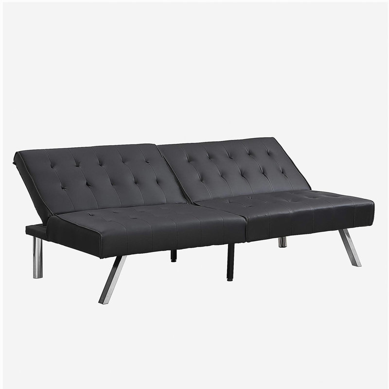 Élégant canapé-lit futon en PVC noir avec structure en bois et pieds en acier inoxydable pour les espaces modernes et traditionnels