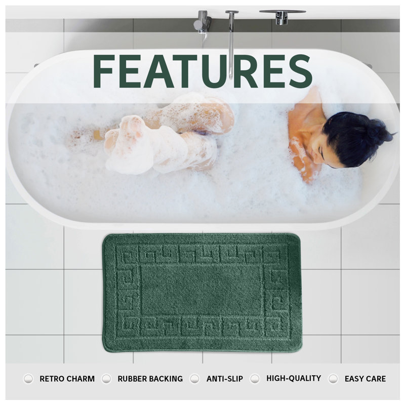 2 Piece Bathroom Rug Set Greek Key Pattern Bath Mat & Pedestal Mat Non Slip Rubber Back Soft Absorbent Mats, Dark Green