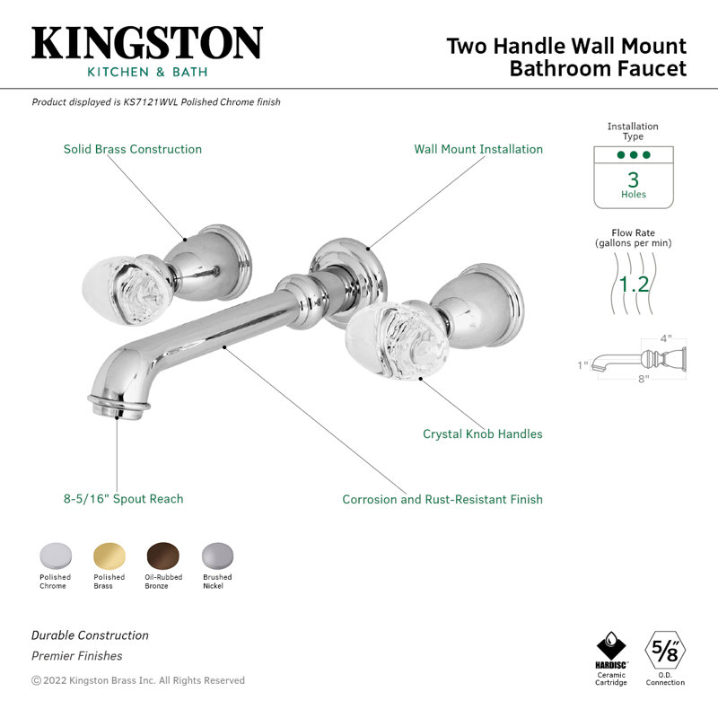 Kingston Brass Krystal Onyx Two-Handle 3-Hole Wall Mount Bathroom Faucet