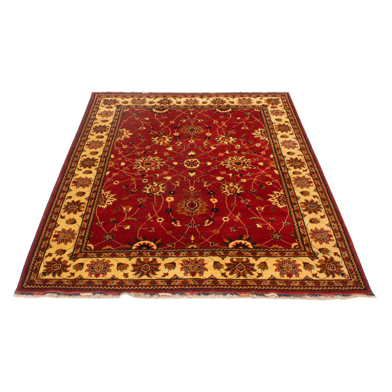 Tapis unique en laine noué à la main 6 pi 9 po x 9 pi 3 po nouvel âge Willams - rouge / jaune / brun