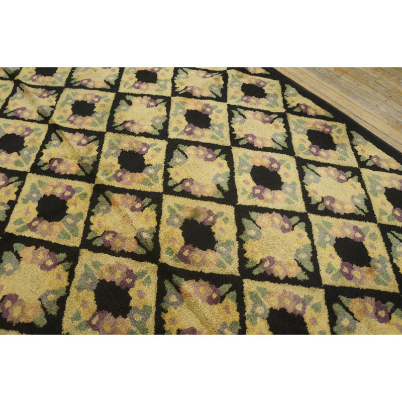 European Floral Motif Striking Black Tan Contrast Antique American Geometric Grid Design Hooked Rug