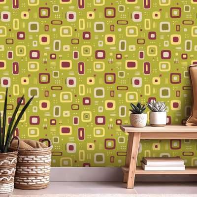 Peel and Stick Wallpaper Contact Paper Mid Century Modern Abstract Geometric Seamless Rounded Squares Olive Self Adhesive and Removable 24in x 118in(60x300cm)