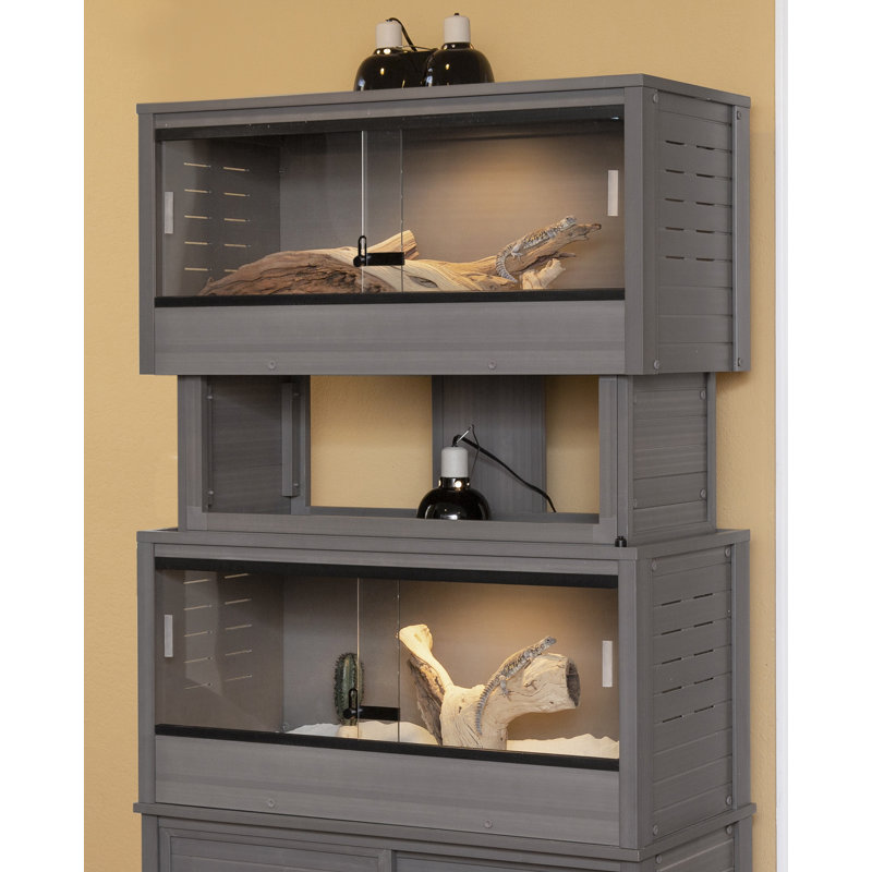 Ensemble de terrarium empilable 3 pièces avec 2 abris à l'avant et connecteur, grand, gris, Gris