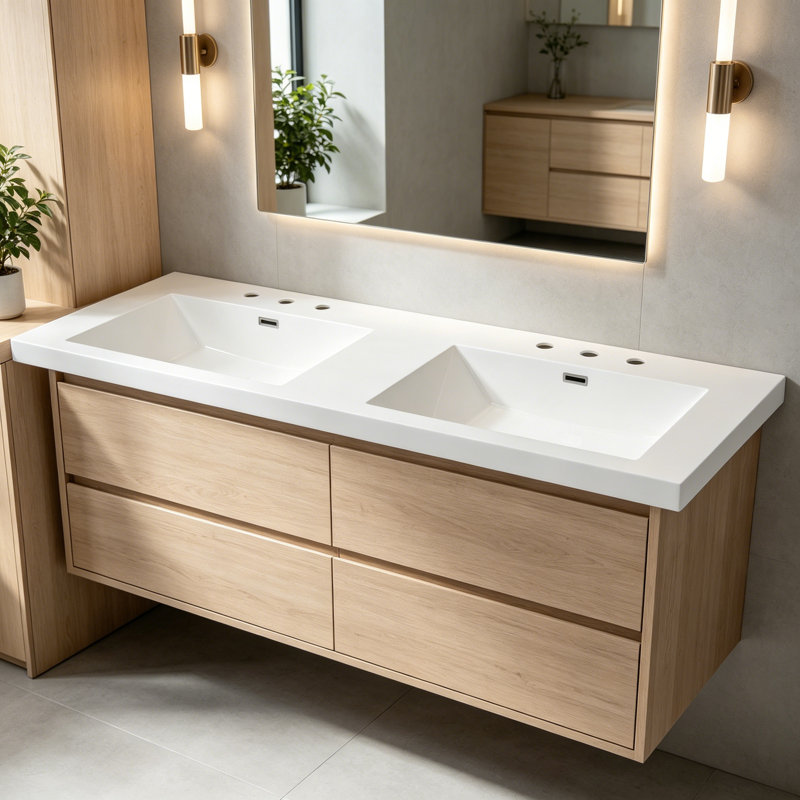 Meuble-lavabo en résine 60 po pour salle de bain, avec lavabos doubles encastrés rectangulaires, trous de robinet de 8 po, comptoir de meuble-lavabo seulement, blanc éclatant