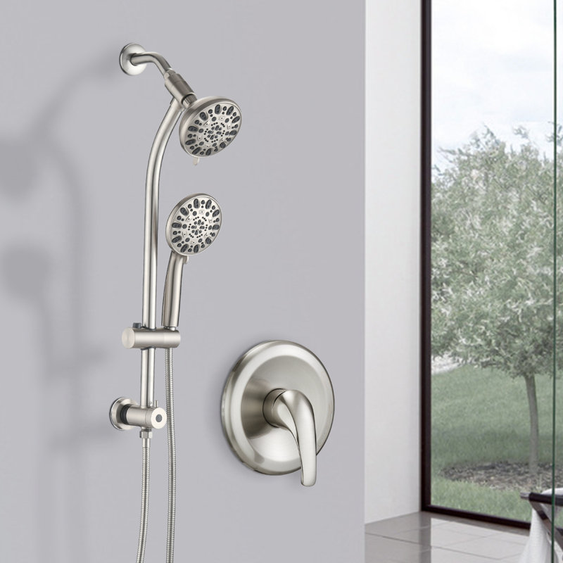Drillfree Stainless Steel Slide Bar Combo Rain Showerhead 7Setting Hand, Dual Shower Head Spa System (Roughin Valve Included)