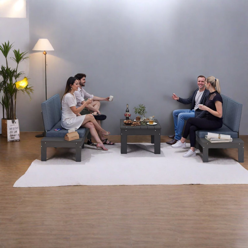 Ensemble de conversation moderne 3 pièces en PEHD avec coussins, gris, sectionnel