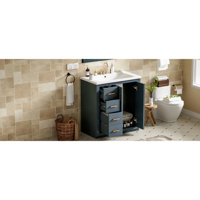 Meuble-lavabo de 30 po en céramique - Structure en bois massif bleu et 3 tiroirs 2 portes à fermeture douce