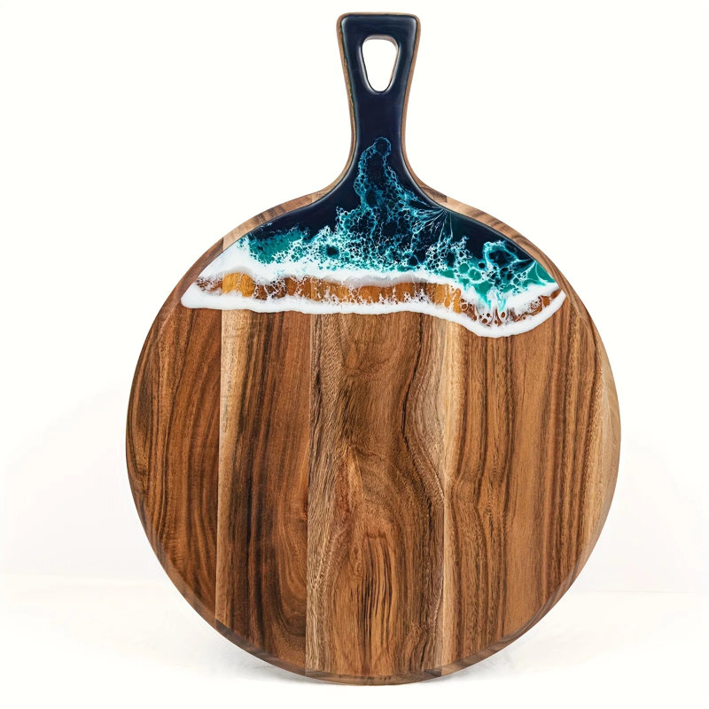 Round Acacia Wood & Resin Charcuterie Board With Handle - Non-porous Durable Serving Tray For Meat, Cheese, Bread, Pizza, Easy-clean Kitchen & Dining Table Decor