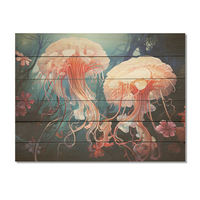 «Blue and Pink Jellyfish Dance - Coastal Coral Under Water Wood, art mural sur bois de pin naturel