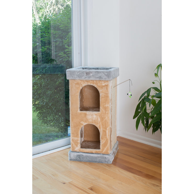 Beige Faux Fur and Sisal Freestanding Cat Tree with Double Condo